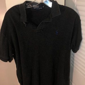 Dark grey polo with blue logo